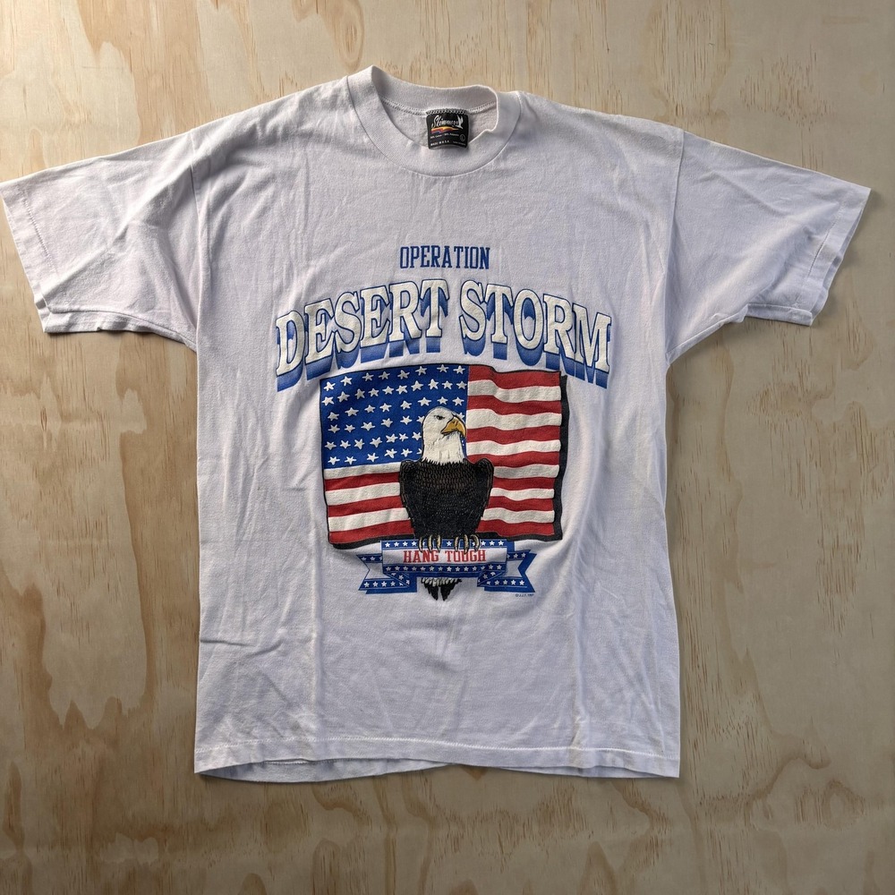 Vintage Operation Desert Storm Shirt Mens Large White‎ Eagle USA Patriotic Tee